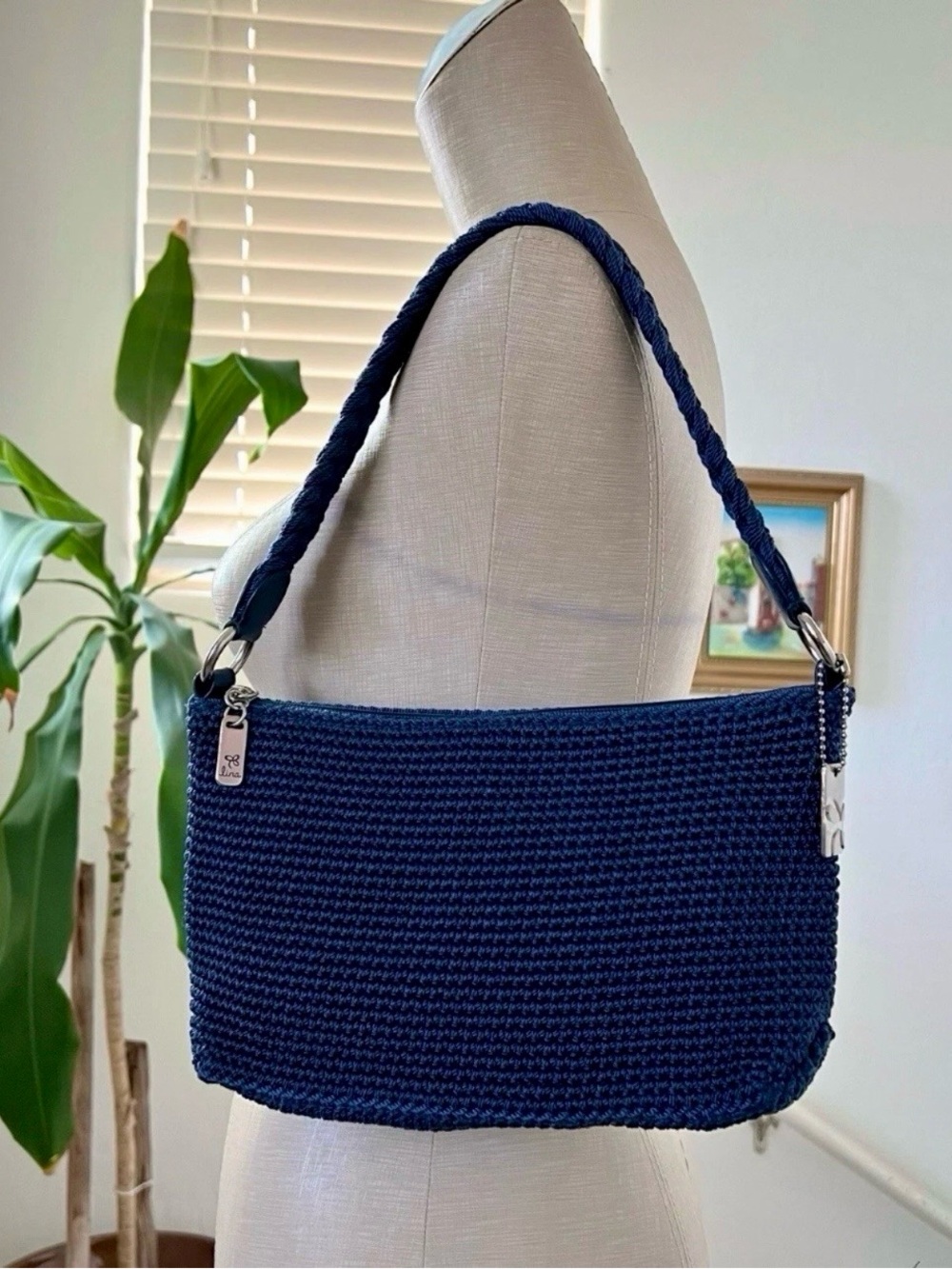 Y2K Lina Woven Crochet Demi Shoulder Bag Blue